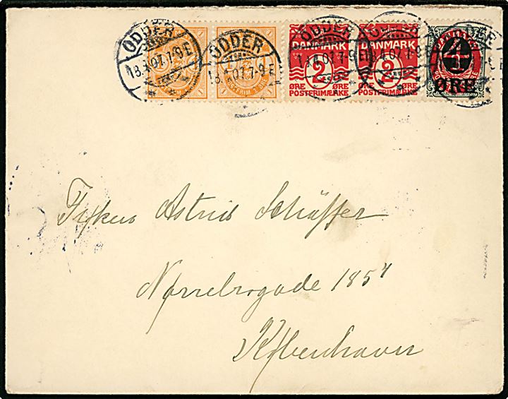 1 øre Våben (par), 2 øre Bølgelinie (par) og 4/8 øre Provisorium på brev fra Odder d. 18.4.1907 til Kjøbenhavn.