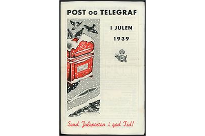 Post og Telegraf i Julen 1939. Brochure med vejledning og takster. Det fremgår bl.a. at julemærker på brevforsendelser til Øvrige Udland kun må klæbet på bagsiden! 