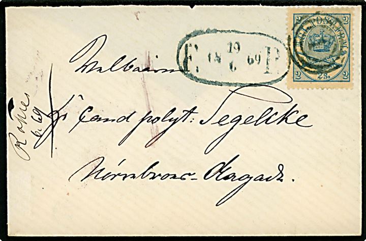 2 sk. Krone/Scepter på lokalbrev i Kjøbenhavn annulleret med nr.stempel 1 og sidestemplet med fodpoststempel F:P: d. 19.6.1869. Bagklap mgl.