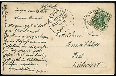 Tysk 5 pfg. Germania på brevkort (mandskabs foto) dateret Bergen og annulleret med skibsstempel Kais. Deutsche Marineschiffspost No. 2 d. 26.7.1910 til Kiel, Tyskland. Sendt fra sømand ombord på flåde tender  SMS Pfeil under togt til Norge.