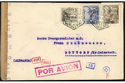 5 cts. Rytter, 70 cts. og 2 pts. Franco på luftpostbrev fra Barcelona d. 11.3.1942 til Rottorf, Tyskland. Spansk censur fra Barcelona og åbnet af tysk censur i München.