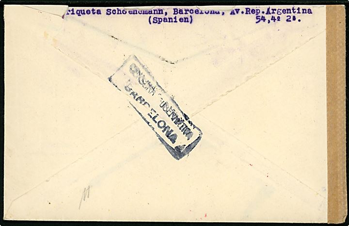 5 cts. Rytter, 70 cts. og 2 pts. Franco på luftpostbrev fra Barcelona d. 11.3.1942 til Rottorf, Tyskland. Spansk censur fra Barcelona og åbnet af tysk censur i München.