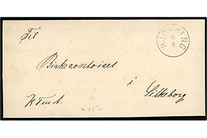 1867. Ufrankeret tjenestebrev mærket KTmA med fuldt indhold og lapidar Hjørring d. 6.8.1867 via Aarhus og Jydske JB.P.B. til birkekontoret i Silkeborg.