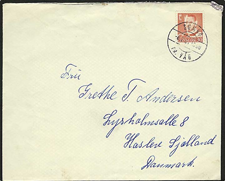 30 øre Fr. IX på brev annulleret med pr.-stempel Sumbø pr. Våg d. 8.2.1961 til Haslev, Danmark.