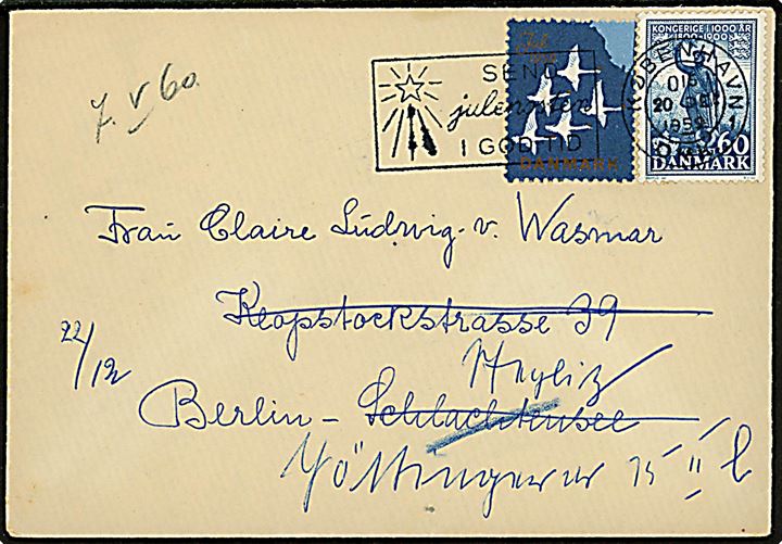 60 øre 1000 års udg. og Julemærke 1959 på brev fra København d. 20.12.1959 til Berlin, Tyskland.