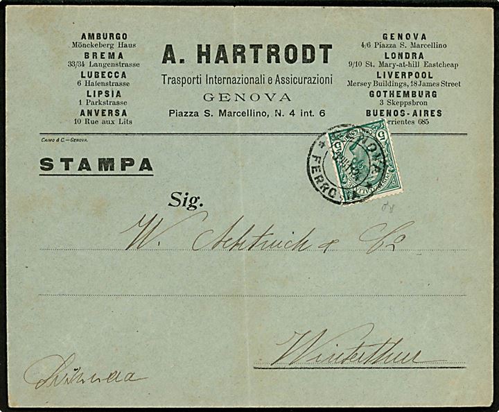 5 c. Emanuel med perfin H på tryksag fra firma A. Hartrodt i Genova d. 8.8.1911 til Winterthur, Schweiz.