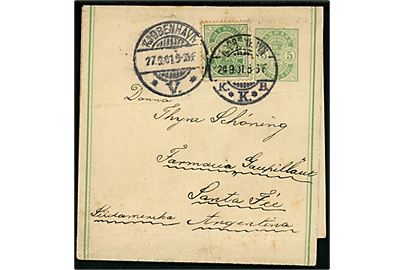 5 øre Våben helsagsbrevkort opfrankeret med 5 øre Våben sendt som 2. vægtkl. tryksag fra Kjøbenhavn d. 27.9.1901 til Santa Fee, Argentina, Sydamerika. 