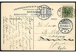 5 øre Fr. VIII på brevkort (Munkemose i Odense) annulleret med stjernestempel SANDAGER og sidestemplet Assens d. 15.4.1909 til Vejle. 