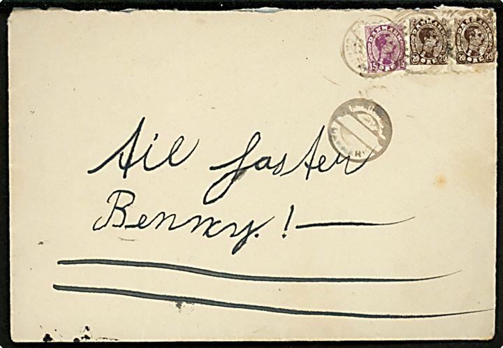 15 øre og 20 øre (2) Chr. X Børnepost frimærker på lille brev Til Faster Benny fra Sigurd i Fredericia ca. 1920'erne.  