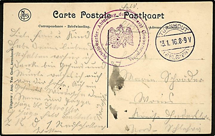Ufrankeret feltpostkort fra tysk besat Belgien stemplet Turnhout (Belgien) d. 13.1.1916 til Haderslev i Nordslesvig. Afd.-stempel: Scheinwerfer-Abteilung des General Gouvernements.