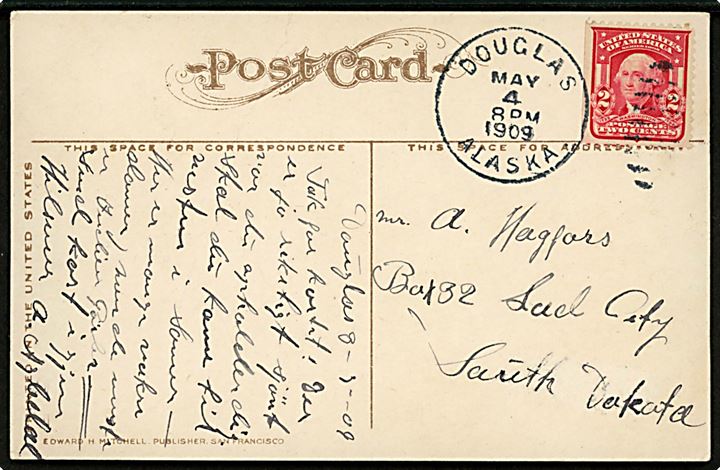 2 cents Washington på brevkort (Treadwell, Alaska, Douglas city and Juneau in the distance) annulleret med duplex Douglas Alaska d. 4.5.1909 til Lead City, South Dakota.