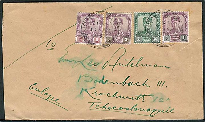 Johore. 1 c., 2 c., 3 c. og 6 c. på brev fra Johore Bahru d. 10.4.1933 til Bodenbach, Tjekkoslovakiet.