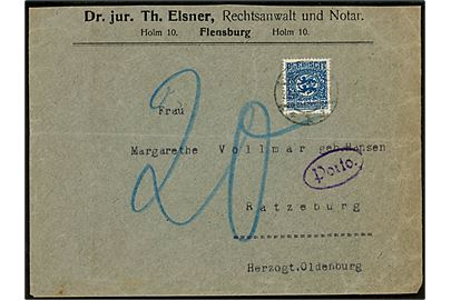 20 pfg. Fælles udg. på underfrankeret brev fra Flensburg d. 23.2.1920 til Ratzeburg, Tyskland. Ovals stempel Porto og udtakseret i 20 pfg. porto.