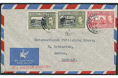 4 c. og 24 c. (2) George VI på luftpostbrev fra Port of Spain Trinidad d. 17.9.1957 til Aarhus, Danmark.
