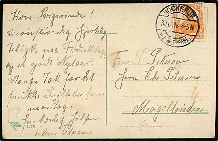 7½ pfg. Germania på brevkort annulleret Hockerup (Kr. Apenrade) d. 30.12.1916 til Møgeltønder. 