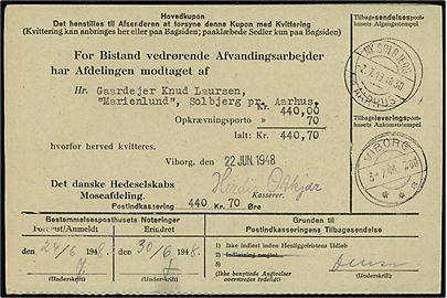 35 øre Chr. X i parstykke på retur Indkasserings-Indbetalingskort fra Viborg d. 22.6.1948 til Solbjerg pr. Aarhus. Returneret med pr.-stempel Ny Solbjerg pr. Aarhus d. 2,7,1948.