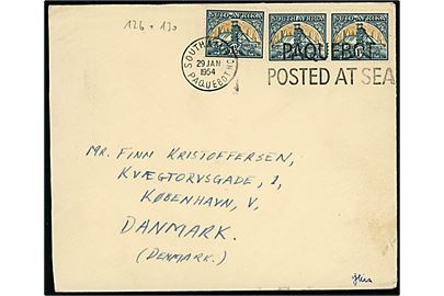 1½d Guldmine i 2-sproget parstykke og single på fortrykt kuvert fra Union-Castle Line annulleret med britisk skibsstempel Southampton Paquebot / Paquebot Postad at Sea d. 29.1.1954 til København, Danmark.