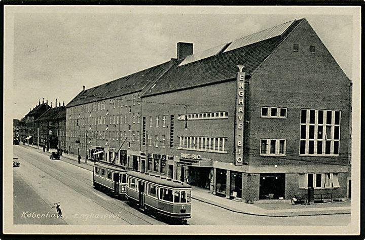 Enghavevej (nuv. Borgbjergsvej 28) med Enghave Bio og sporvogn linie 3. Stenders no. 77548. Kvalitet 9