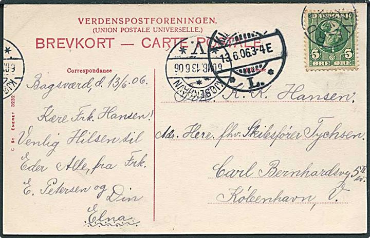 5 øre Chr. IX på brevkort annulleret med stjernestempel BAGSVÆRD og sidestemplet Kjøbenhavn L. d. 13.6.1906 til København.