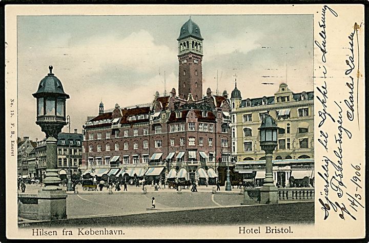 Raadhuspladsen 45-47, “Hilsen fra København” med Hotel Bristol. Fritz Benzen no. 15. Kvalitet 7