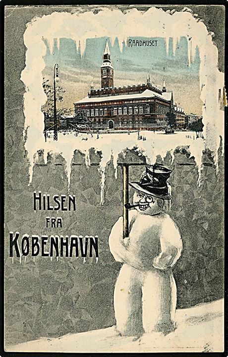 Københavns Raadhus “Hilsen fra København” med snemand og prospekt. A. Vincent no. 4040. Kvalitet 8