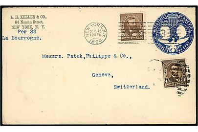 1 c. helsagskuvert opfrankeret med 4 cents Lincoln og 5 cents Grant  påskrevet per SS la Borugogne fra New York d. 15.9.1894 til Geneva, Schweiz.
