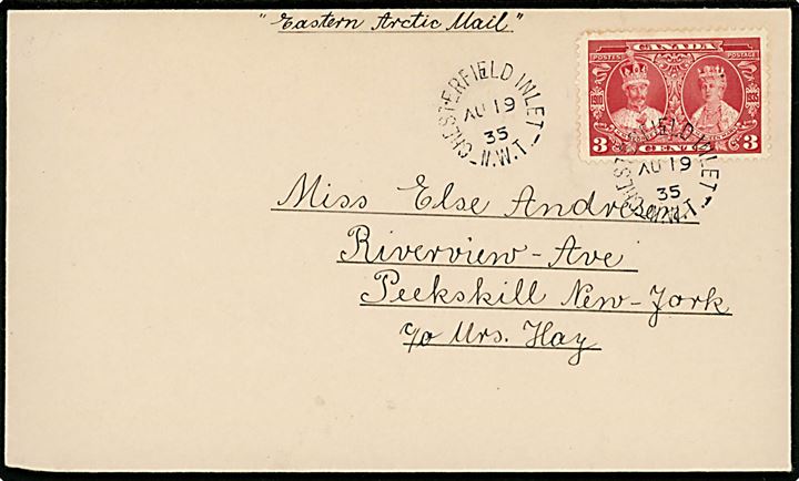 3 cents Silver Wedding på brev annulleret Chesterfield Inlet N.W.T. d. 19.8.1935 til Peekshill, New York, USA. Befordret med canadisk arktisk forsyningsskib Eastern Arctic Mail RMS Nascopie.