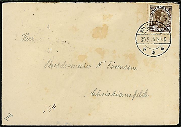 20 øre Chr. X på brev annulleret brotype IIb Sønder Vilstrup d. 30.5.1925 til Christiansfeld.