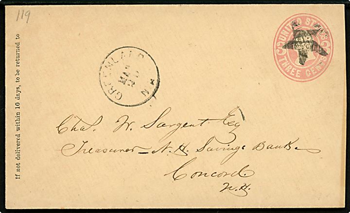 3 cents Washington helsagskuvert annulleret med stumt stjernestempel og sidestemplet Greenland N.H. d. 20.3.18xx til Concord, N. H.