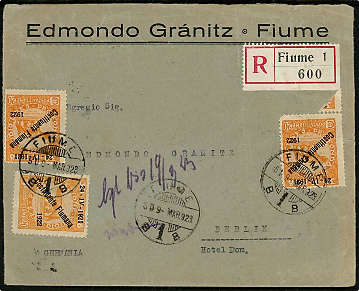 5 cts. (6), 10 cts. (3), 20 cts. (3) og 80 cts. 21-IV-1921 Costituente Fiumana 1922 Provisorium på for- og bagside af anbefalet brev fra Fiume d. 9.3.1923 til Berlin, Tyskland.