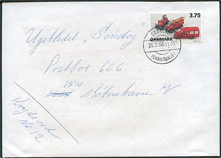 3,75 kr. Lejetøj på brev annulleret med parentes stempel Svaneke (Christiansø) d. 21.3.1996 til København.