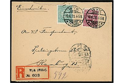 15 pfg. og 75 pfg. på anbefalet brev stemplet Wyk *(Föhr)* d. 10.6.1920 til Hamburg.