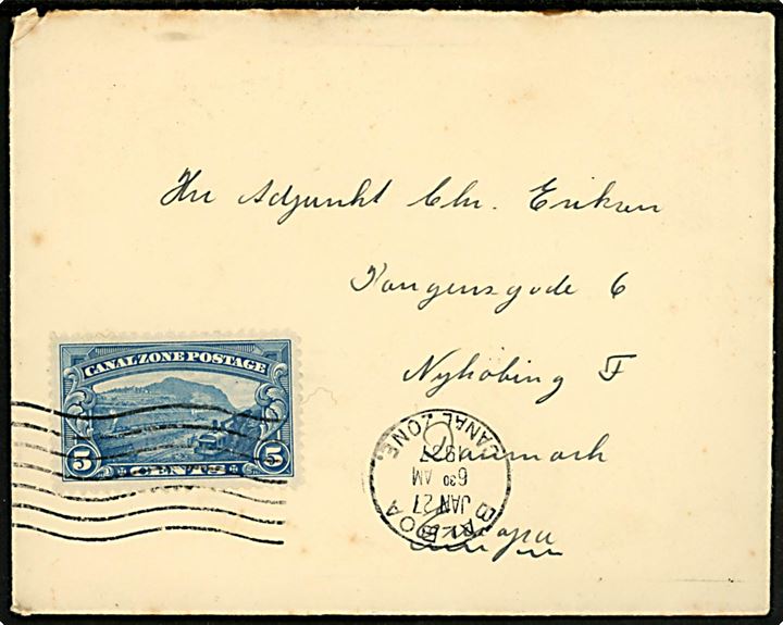 5 cents Canal Zone på brev stemplet Balboa d. 27.1.1937 til Nykøbing F., Danmark.
