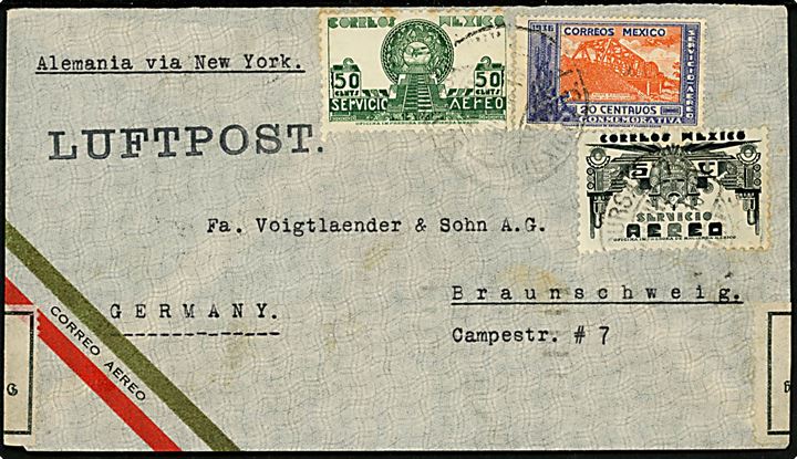 75 c. blandingsfrankeret luftpostbrev påskrevet via New York fra Mexico d. ?.6.1936 via Paris til Braunschweig, Tyskland. Åbnet af tysk toldkontrol i Braunschweig.