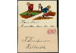 10 øre Chr. X BØRNEPOST mærker (2) på lille kuvert stemplet Børnepost/Danmark til Hillerød. Indeholder brev på illustreret brevpapir fra Harald til Far.