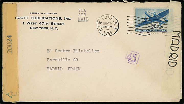 30 c. Transport på luftpostbrev fra New York d. 27.12.1944 til Madrid, Spanien. Åbnet af amerikansk censur no. 20024 og spansk censur i Madrid.