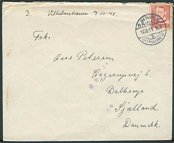 20 øre Fr. IX på brev stemplet Den danske Brigade /5/ *i Tyskland* d. 10.10.1948 til Ballerup. Fra 4. Feldartilleri Regiment 2. Artilleriafdeling i Wilhelmshaven.