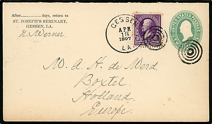2 cents helsagskuvert opfrankeret med 3 cents Jackson fra Gessen, La. d. 13.4.1897 via New York til Bokstel, Holland.