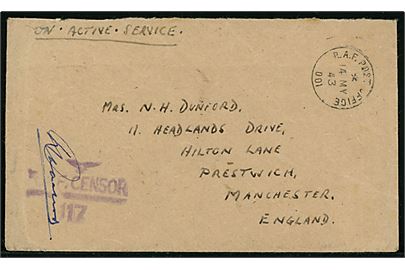 Ufrankeret OAS feltpostbrev med Royal Air Force feltpost stempel R.A.F. Post Office 001 (= Reykjavik) d. 14.5.1943 til Manchester, England. Violet censor: R.A.F. Censor 117.