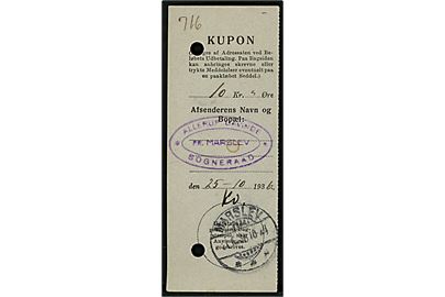 Kvitteringskupon for indbetalingskort med brotype Ic Marslev d. 25.10.1936.