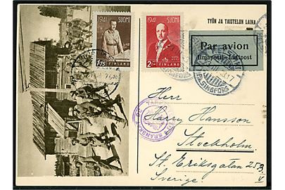 Illustreret feltpostkort opfrankeret med 1,75 mk. Mannerheim og 2 mk. Ryti og sendt som luftpost fra Helsingfors d. 23.3.1943 til Stockholm, Sverige. Finsk censur.