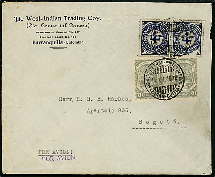 Colombia 4 c. (par - ene defekt) og 20 c. SCADTA luftpost (par) på indenrigs luftpostbrev fra det danske firma The West-Indian Trading Coy. i Barranquilla d. 17.12.1928 til Bogota. Ank.stemplet i Bogota d. 19.11.1928.