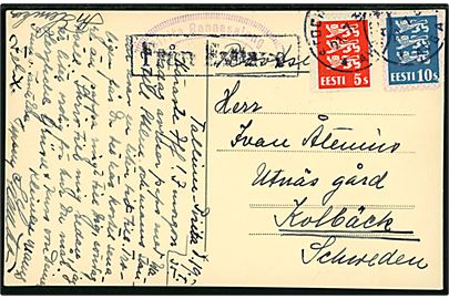 5 s. og 10 s. (defekt) Løve udg. på brevkort fra Tallinn annulleret med svensk stempel i Stockholm d. 21.7.1935 og sidestemplet med sjældent skibsstempel Från Estland til Kolbäck, Sverige.