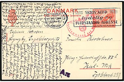 25 øre Kæmpehøj helsagsbrevkort (fabr. 139a) fra København d. 14.1.1942 til Kiel, Tyskland. Tysk censur fra Hamburg.