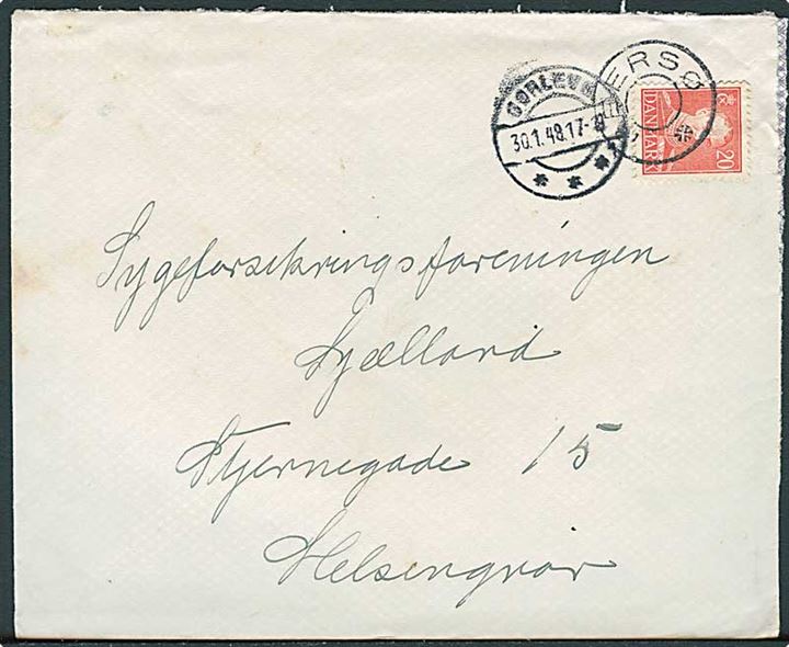 20 øre Chr. X på brev annulleret med udslebet stjernestempel REERSØ og sidestemplet Gørlev S. d. 30.1.1948 til Helsingør.