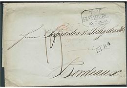 1841. Portobrev fra hamburg med rammestempel T. T. Hamburg d. 30.10.1841 til Bordeaux, Frankrig. Liniestempel T.T.R.4.