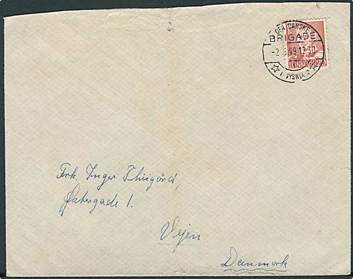 20 øre Fr. IX på brev stemplet Den danske Brigade /1/ * i Tyskland * d. 2.5.1949 til Vejen.