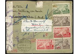 25 cts. (2), 50 cts. (2) og 2 pts. Luftpost på anbefalet luftpostbrev fra Madrid d. 11.2.1943 til Wien, Tyskland. Åbnet af både spansk censur i Madrid og tysk censur i München.