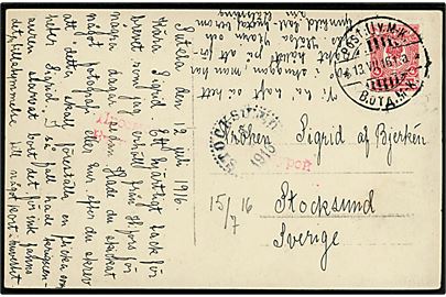 Russisk 4 kop. Våben på brevkort dateret i Sutela og annulleret med 2-sproget bureaustempel Postilj.v. M.-K. (= Mikkeli-Kouvola) d. 13.7.1916 til Stocksund, Sverige. Russisk censur.