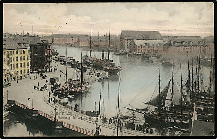 Havnegade og Børsbroen med skibe og godsvogne. Stenders no. 646. Kvalitet 9